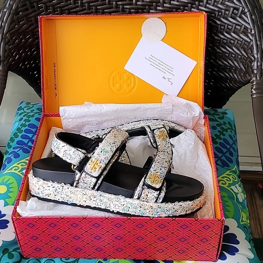 🌸Tory Burch Kira Sparkling Multi Sequins Sport Sandals with Adjustable Straps🌸